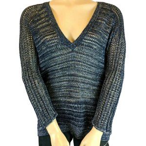 Nordstrom's Amber Sun V-Neck Fishnet Sweater Knit Top - Navy & Silver - Size M